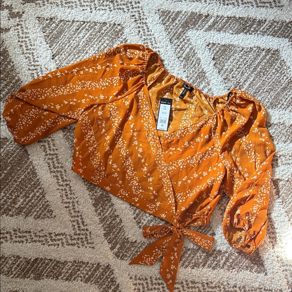 BCBG Paris Rust Floral Wrap Blouse